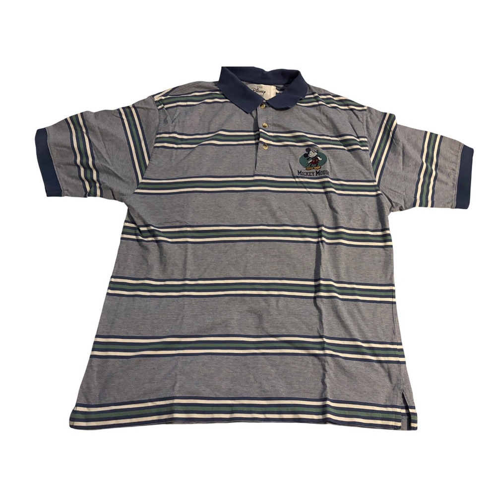 Disney Store Polo Shirt Vintage Mickey Mouse‎ Blue Striped Embroidered Large